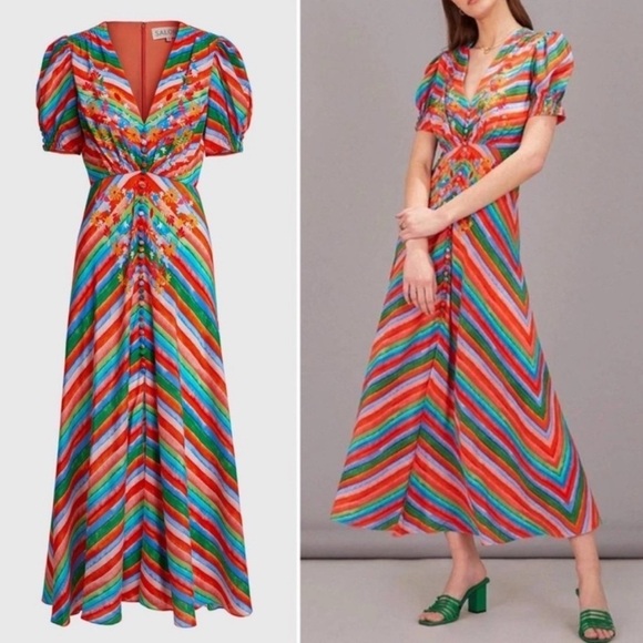 SALONI Lea Striped Silk Crepe Dress Rainbow Stripe Star Print Midi Size 12 - Picture 1 of 13